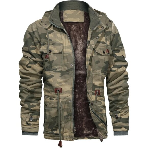 Mens Camo Thick Winter Jacket Hooded Fleece Lined Cotton Military Coat - Picture 1 of 6